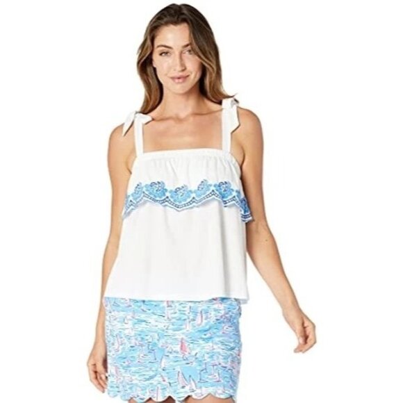 Lilly Pulitzer Swing Tank Top Tie-Strap Embroidered‎ Scalloped White/Blue  XS - Picture 5 of 10